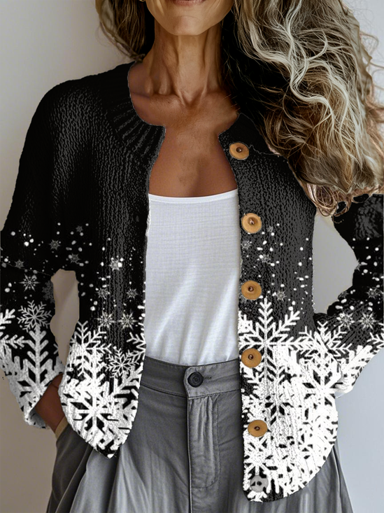 Ethnic Gradient Pattern Crew Neck Loose Cardigan