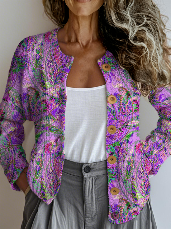 Crew Neck Knitted Ethnic Loose Cardigan
