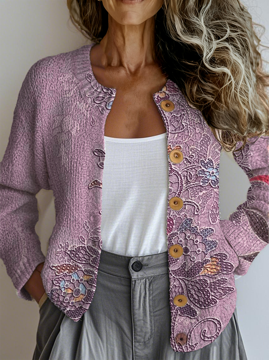 Crew Neck Floral Knitted Casual Cardigan