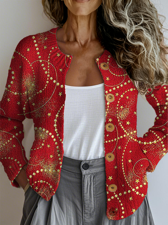 Striped Crew Neck Ethnic Loose Cardigan