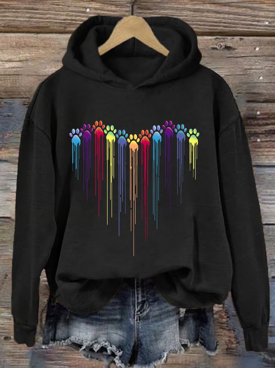Women's Colorful Dog Heart Paw Print Casual Hoodie Sweatshirtd