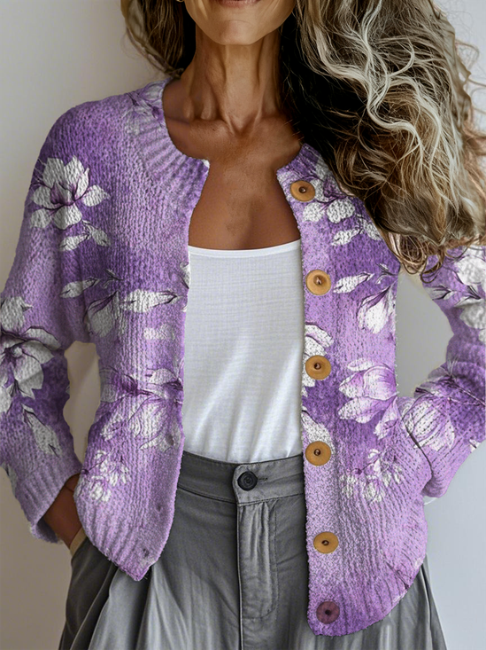 Floral Crew Neck Ethnic Loose Cardigan