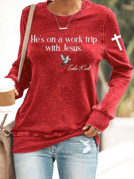 Women's Retro He's On A Work Trip With Jesus Print Sweatshirt
