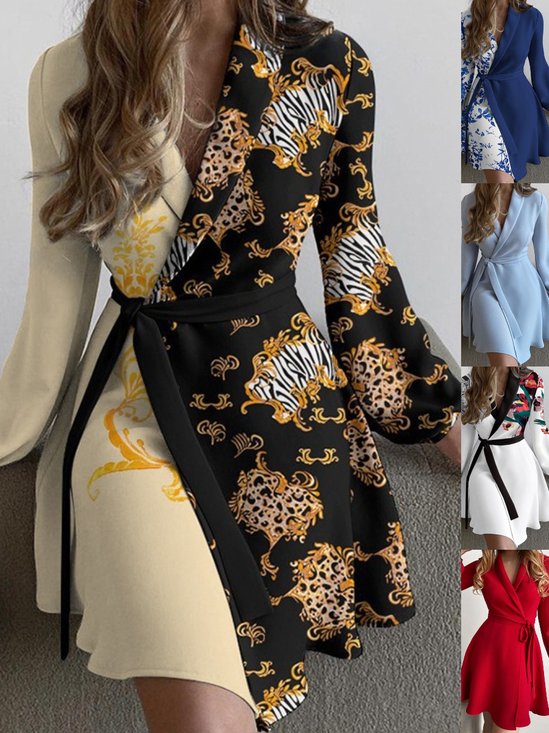 Women's Long Sleeve Spring/Fall Black Floral Split Joint V Neck Daily Going Out Vintage Mini A-Line Hip Skirt Dress
