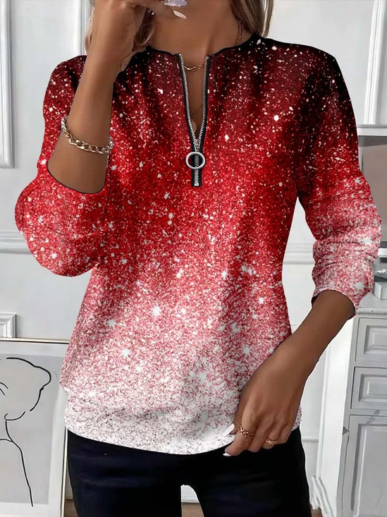 Women's Christmas Sequin Print Casual Zipper Long Sleeve Sweatshirt