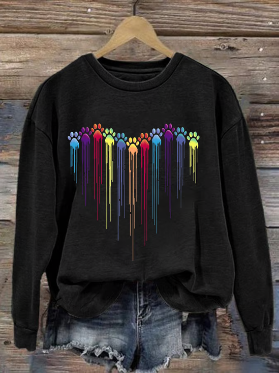 Women's Colorful Dog Heart Paw Print Casual Sweatshirt