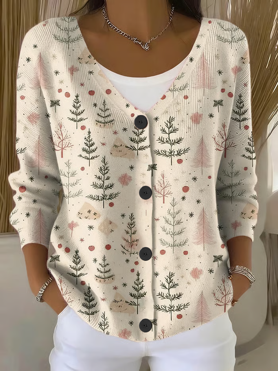 Women's Christmas Print Casual V-Neck Cardigan