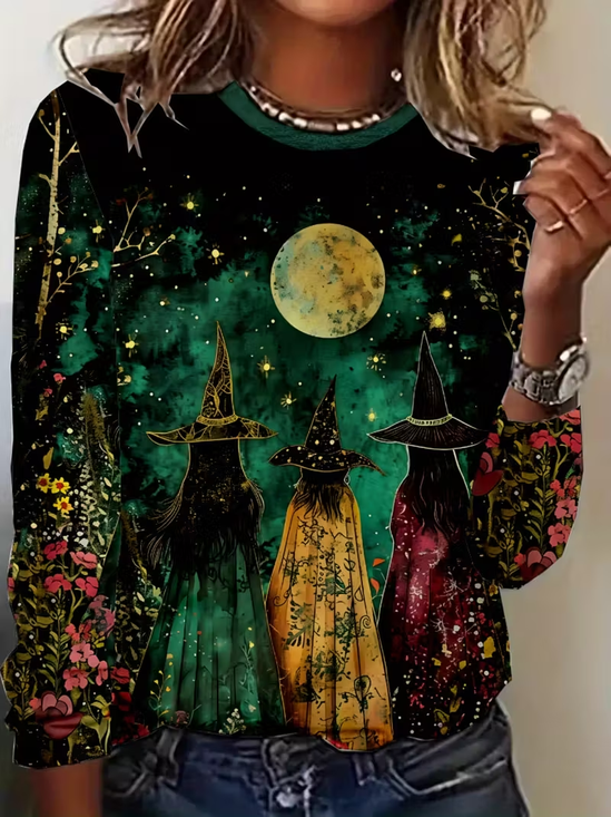 Women's Long Sleeve T-shirt Spring/Fall Black Halloween Printing Jersey Crew Neck Daily Going Out Casual Top