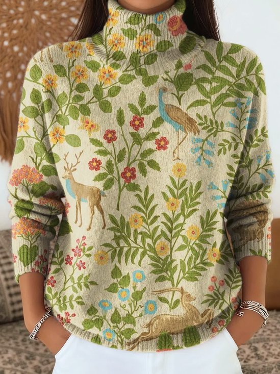Turtleneck Vintage Floral Loose Sweater