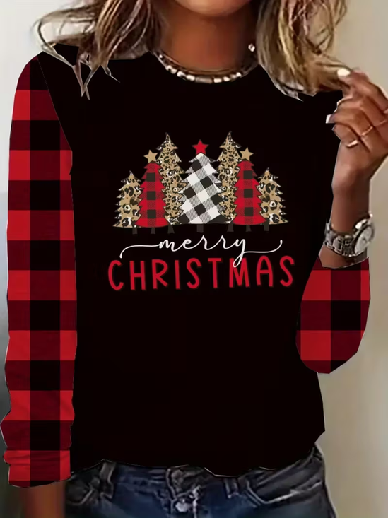 Women's Long Sleeve T-shirt Spring/Fall Black Christmas Printing Jersey Crew Neck Daily Going Out Casual Top