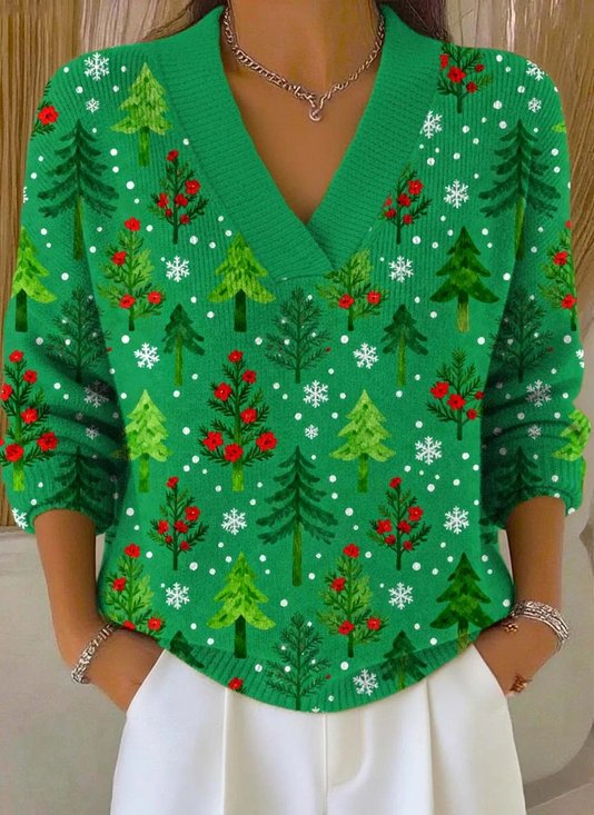 Christmas Tree Casual V Neck Sweater