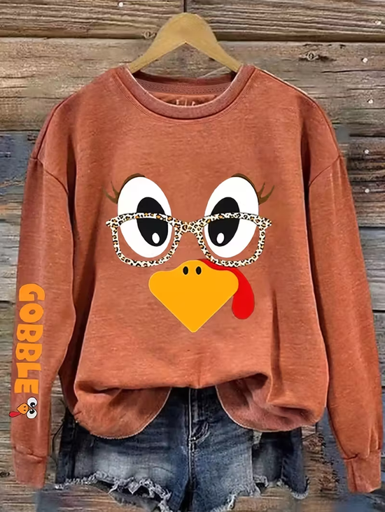 Women's Thanksgiving Turkey Print Casual Crew Neck Sweatshirt