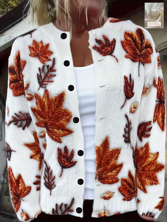 Casual Regular Fit Maple Leaf Crew Neck Cardigan