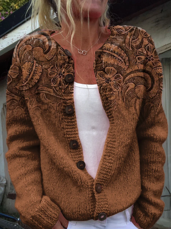 Vintage Printing Crew Neck Floral Cardigan