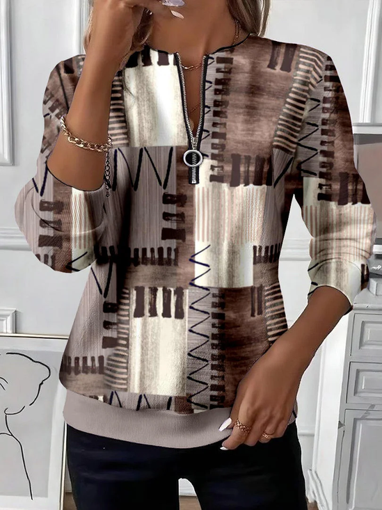 Women's Abstract Print Casual Zip-Up Long Sleeve Sweatshirt