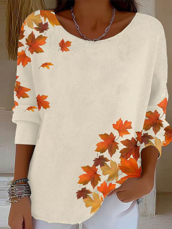 Casual Printing Crew Neck Maple Leaf Sweater