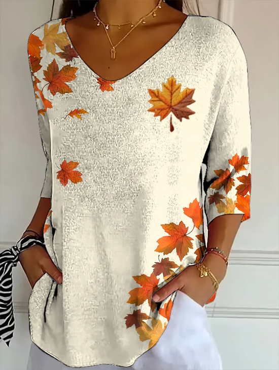 Women's Three Quarter Sleeve T-shirt Spring/Fall Apricot Maple Leaf Printing V Neck Daily Going Out Casual Top