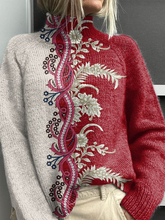 Women's Floral Print Casual Turtleneck Long Sleeve Sweater