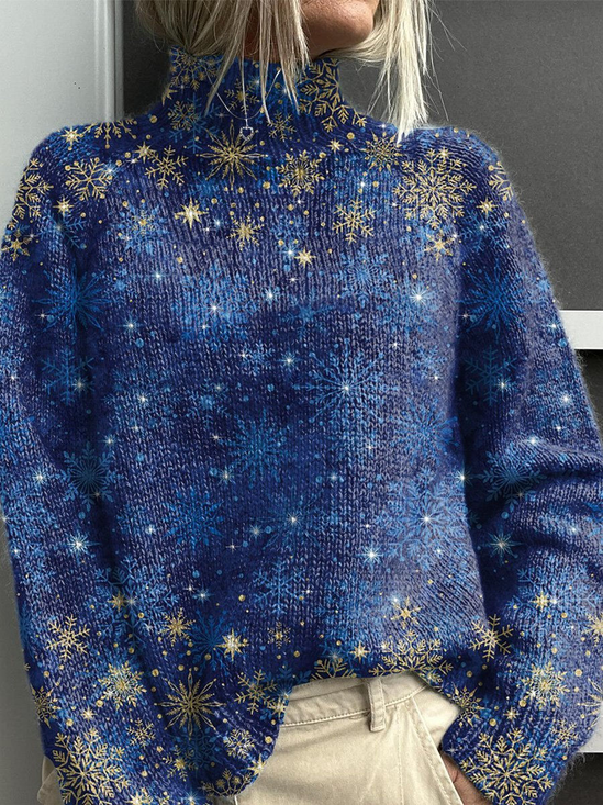 Women's Christmas Snowflake Print Casual Turtleneck Long Sleeve Sweater