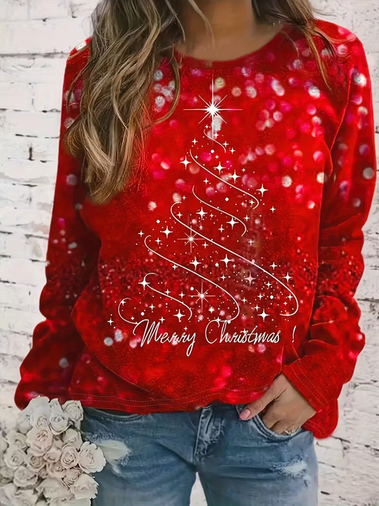 Women's Long Sleeve T-shirt Spring/Fall Red Christmas Printing Jersey Crew Neck Daily Going Out Casual Top