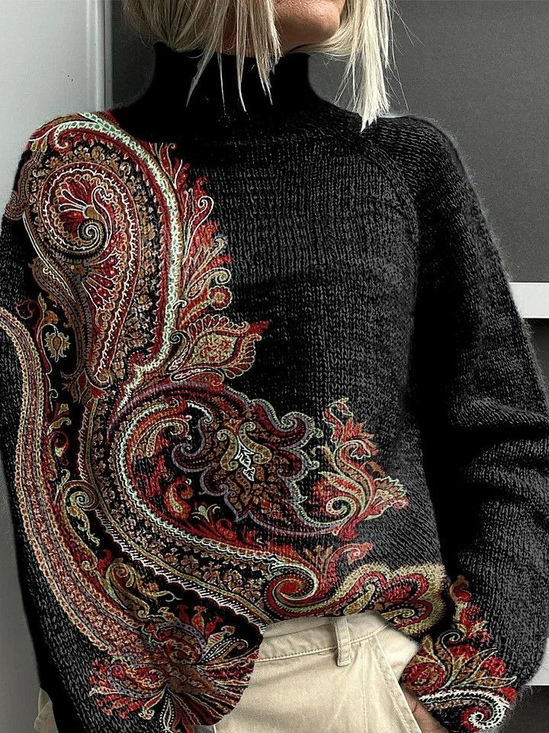 Women's Ethnic Pattern Print Casual Turtleneck Long-Sleeved Sweater
