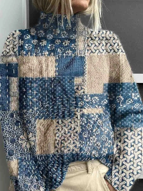 Women's Abstract Print Casual Turtleneck Long Sleeve Sweater