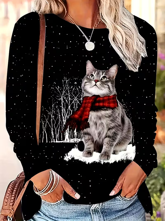 Women's Long Sleeve T-shirt Spring/Fall Black Christmas Printing Jersey Crew Neck Daily Going Out Casual Top