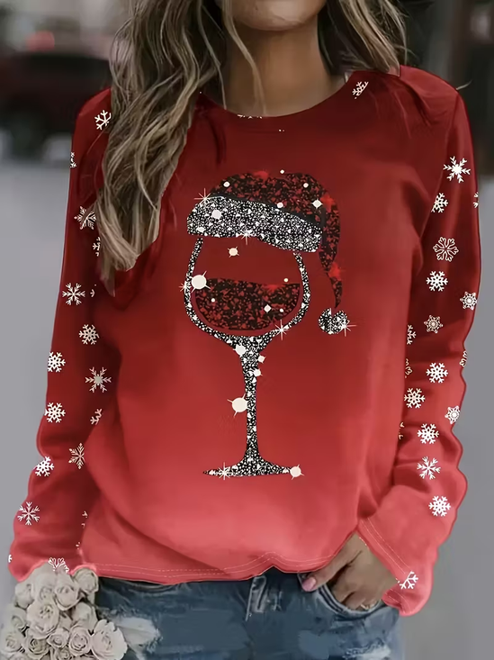 Women's Long Sleeve T-shirt Spring/Fall Red Christmas Printing Jersey Crew Neck Daily Going Out Casual Top