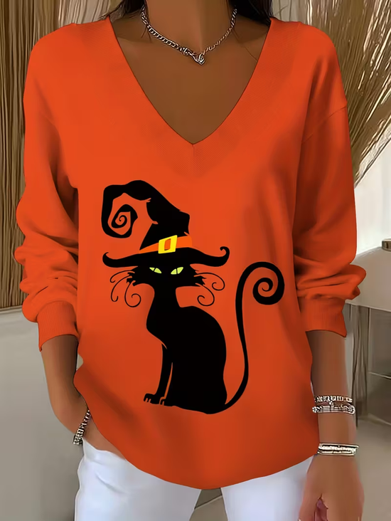 Women's Long Sleeve T-shirt Spring/Fall Orange Halloween Printing V Neck Daily Going Out Casual Top