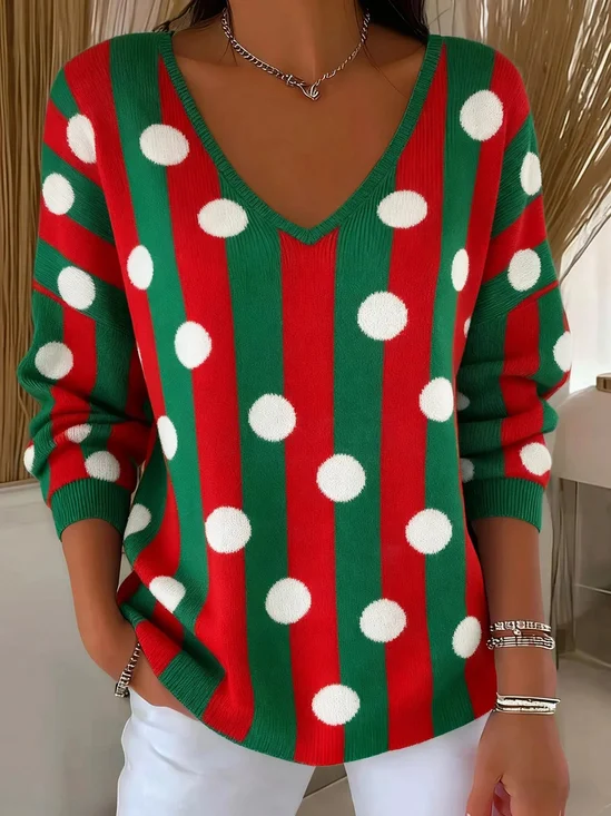 Casual Christmas Loose V Neck Knit Top