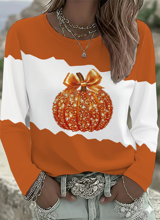 Women's Long Sleeve T-shirt Spring/Fall Orange Halloween (pumpkin) Printing Jersey Crew Neck Daily Going Out Casual Top
