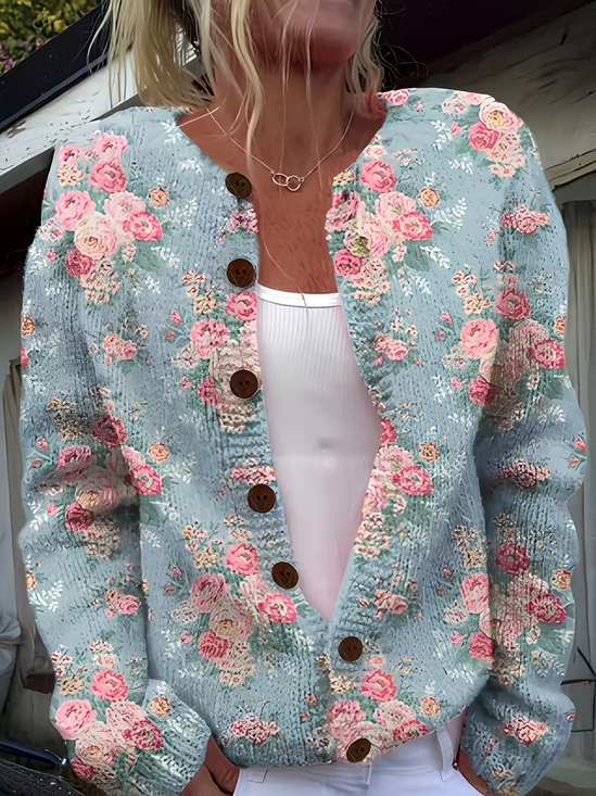 Women's Floral Print Crew Neck Button Cardigan