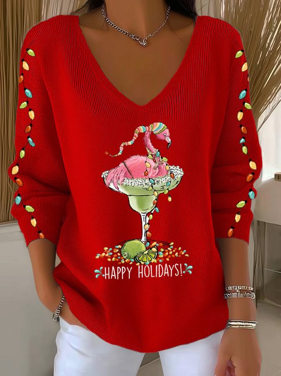 Women's Wine Glass Christmas Hat Print V-Neck Sweater