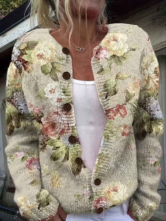 Women's Floral Print Crew Neck Button Cardigan