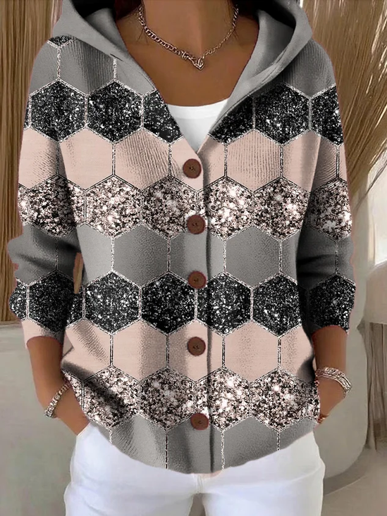 Women's Abstract Print Hooded Button Cardigan