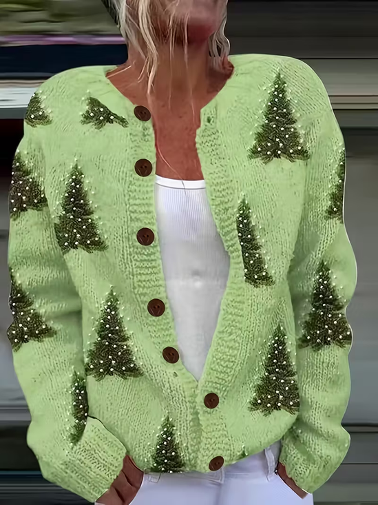 Crew Neck Printing Casual Christmas Tree Cardigan