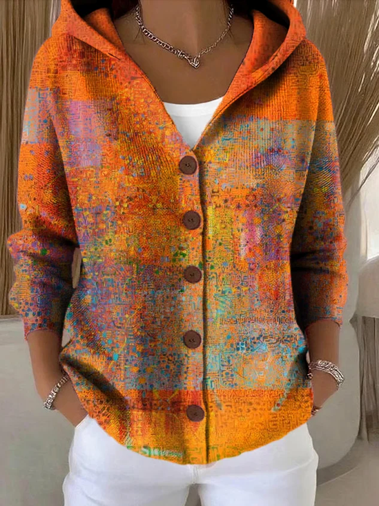 Women's Abstract Print Hooded Button Cardigan