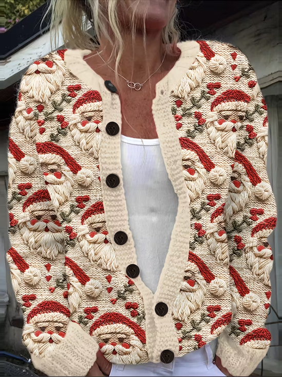 Women's Christmas Print Crew Neck Button Cardigan