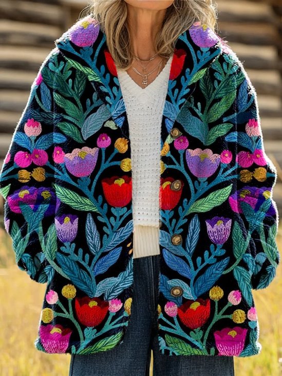 Women's Printed Casual Loose Cardigan Flannel Jacket