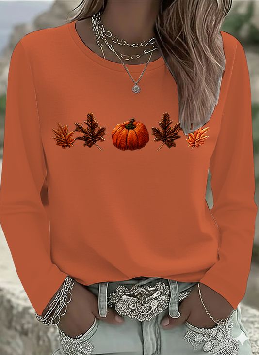 Women's Long Sleeve T-shirt Spring/Fall Orange Halloween (pumpkin) Printing Jersey Crew Neck Daily Going Out Casual Top