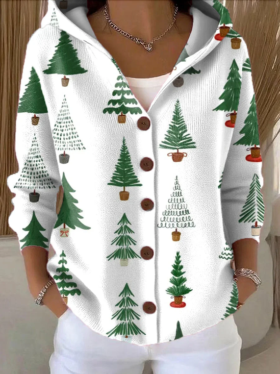 Women's Christmas Tree Print Hooded Button Cardigan