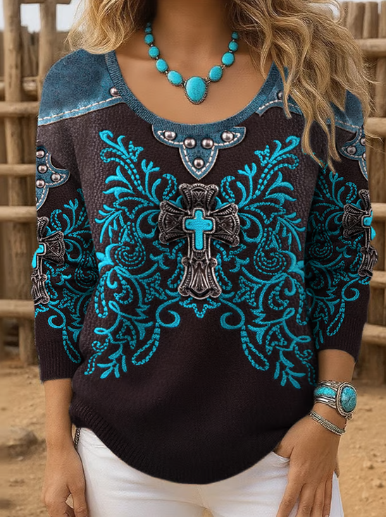 V Neck Loose Casual Wild West Knit Top