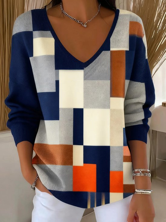 Casual V Neck Striped Loose Knit Top