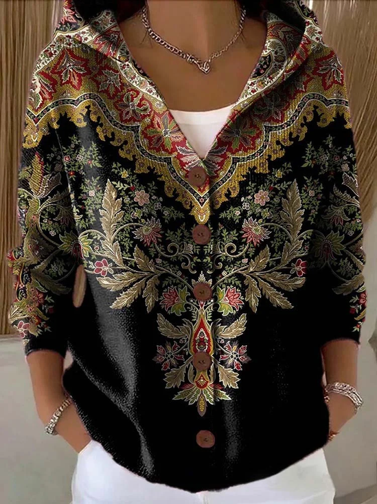 Women's Floral Print Hooded Button Cardigan