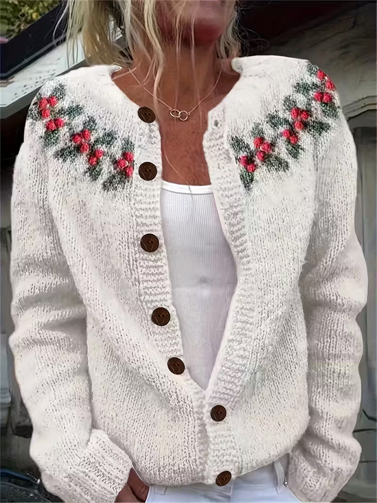 Women's Christmas Print Crew Neck Button Cardigan