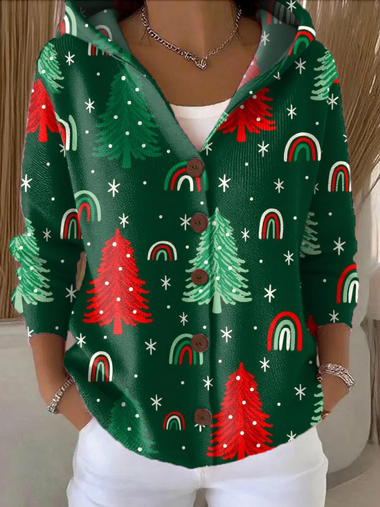 Women's Christmas Tree Print Hooded Button Cardigan