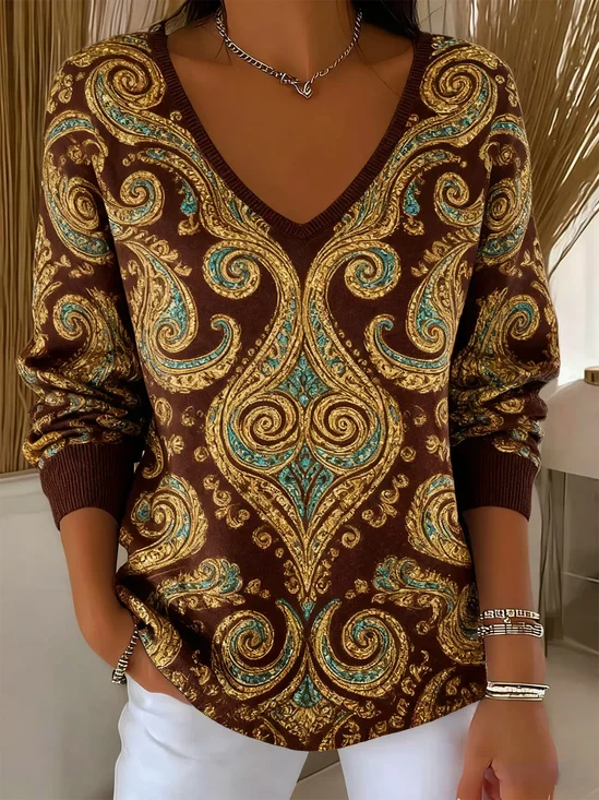 Women's Long Sleeve T-shirt Spring/Fall Brown Ethnic Printing V Neck Daily Going Out Casual Top