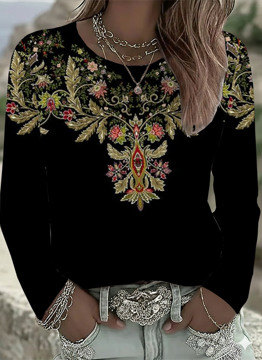Women's Long Sleeve T-shirt Spring/Fall Black Floral Printing Jersey Crew Neck Daily Going Out Casual Top