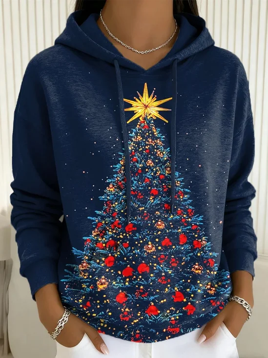 Women's Christmas Tree Print Casual Hooded Sweatshirt