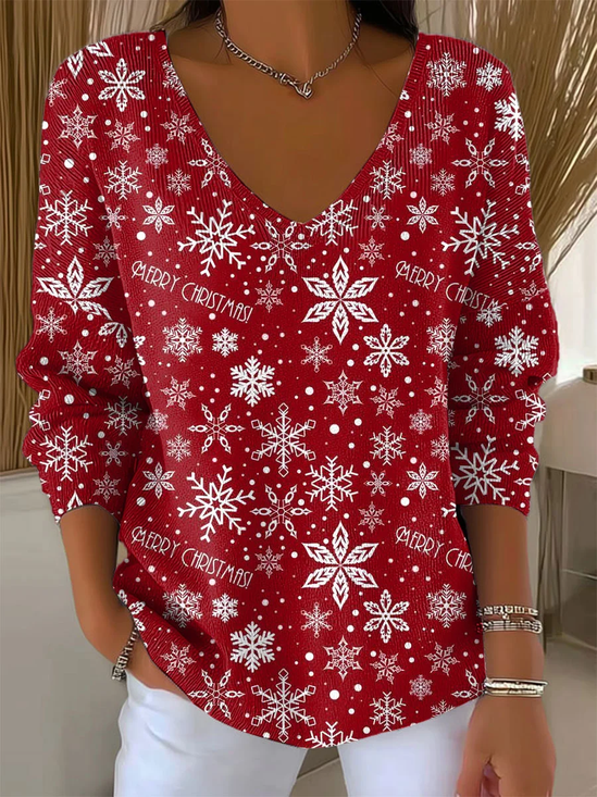 Women's Long Sleeve T-shirt Spring/Fall Red Christmas Printing V Neck Daily Going Out Casual Top